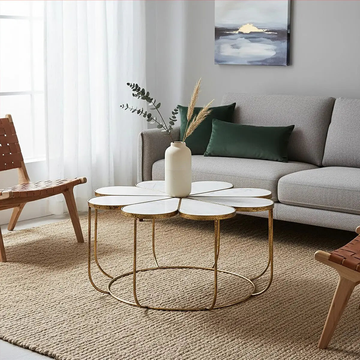 White Polished Marble Top Coffee Table with Petal Design Openwork Base, Rabia