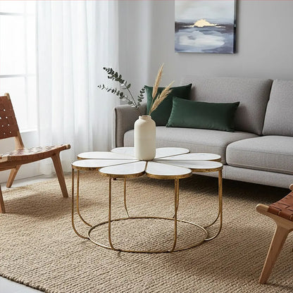 White Polished Marble Top Coffee Table with Petal Design Openwork Base, Rabia