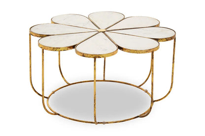 White Polished Marble Top Coffee Table with Petal Design Openwork Base, Rabia