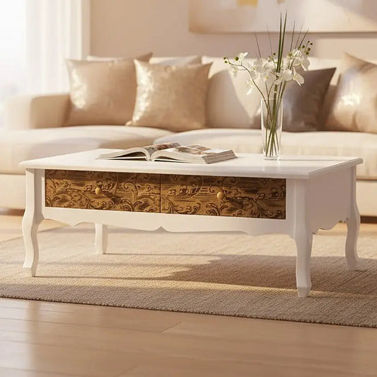 White Rectangular Coffee Table with Two Storage Drawers, Bali