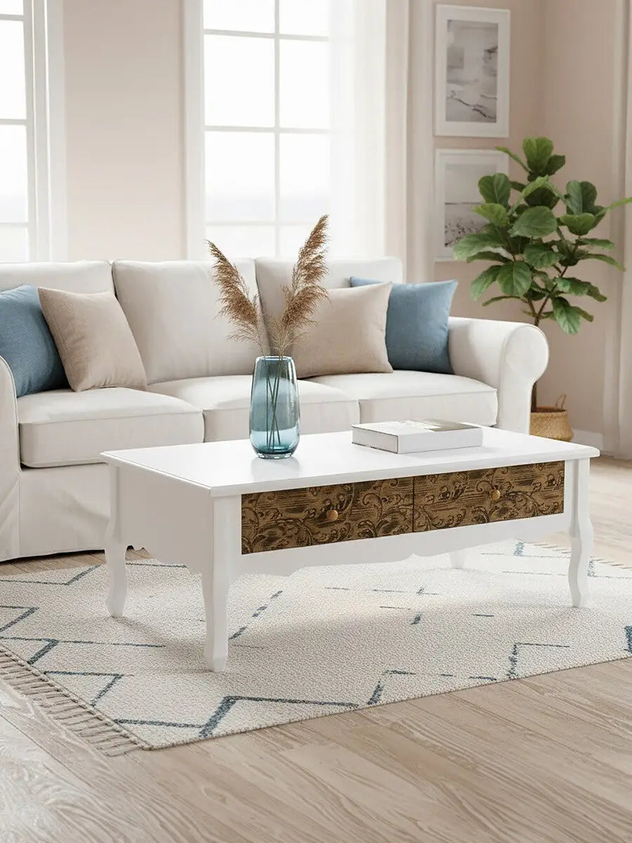 White Rectangular Coffee Table with Two Storage Drawers, Bali