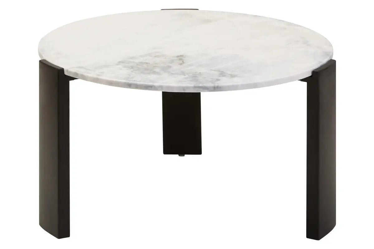 White Round Marble Top Large Coffee Table with Black Acacia Legs, Palermo