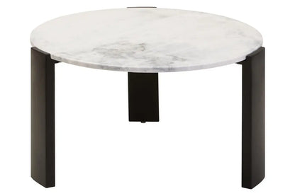 White Round Marble Top Large Coffee Table with Black Acacia Legs, Palermo