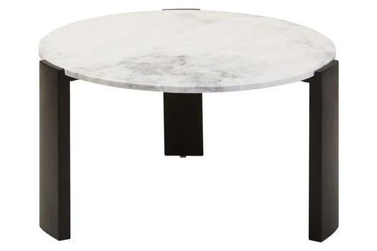 White Round Marble Top Large Coffee Table with Black Acacia Legs, Palermo