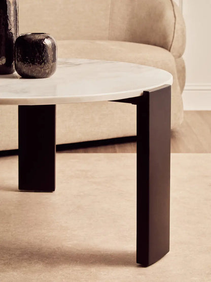 White Round Marble Top Large Coffee Table with Black Acacia Legs, Palermo