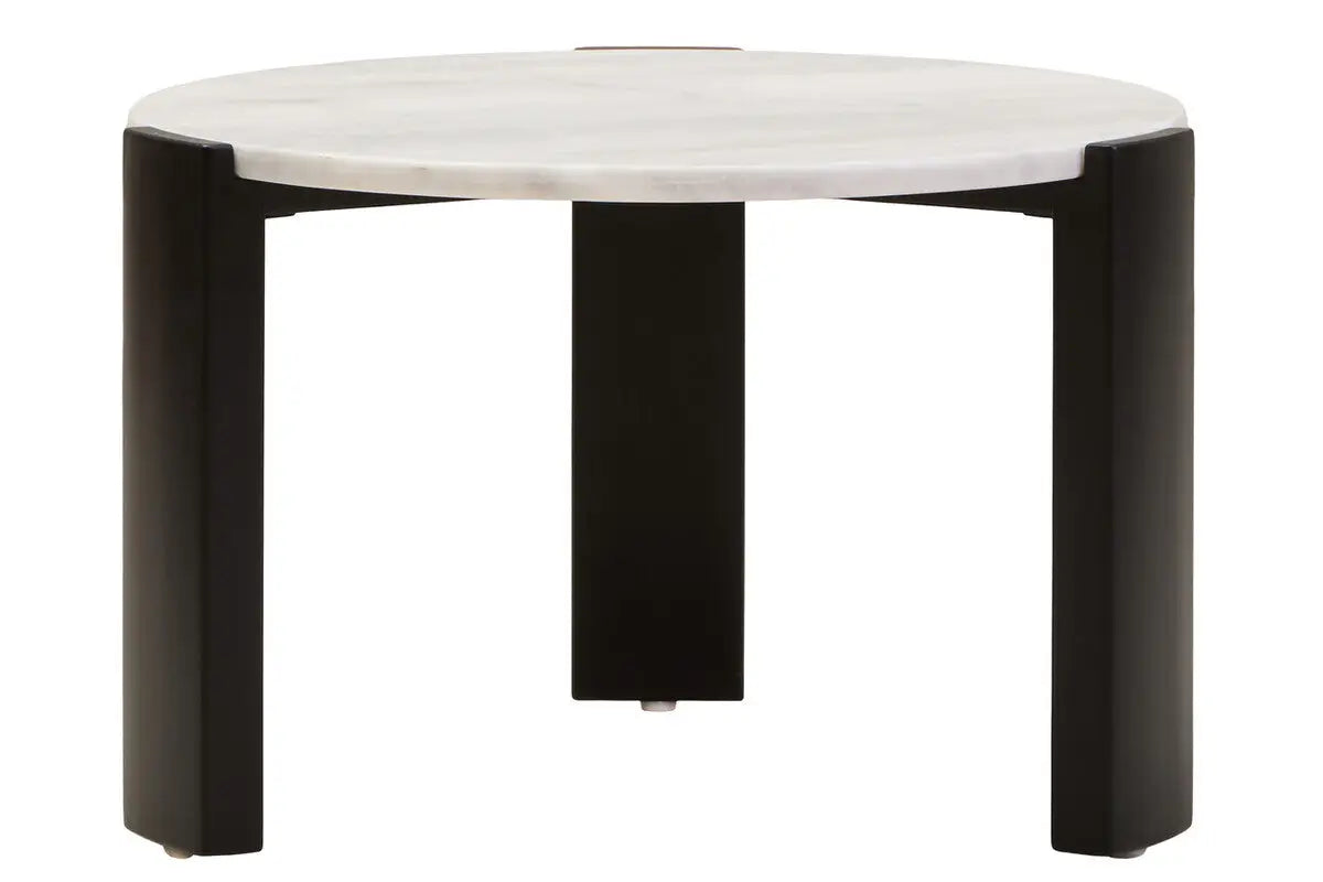 White Round Marble Top Small Coffee Table with Black Acacia Legs, Palermo
