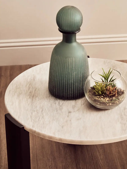 White Round Marble Top Small Coffee Table with Black Acacia Legs, Palermo
