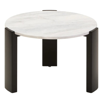 White Round Marble Top Small Coffee Table with Black Acacia Legs, Palermo