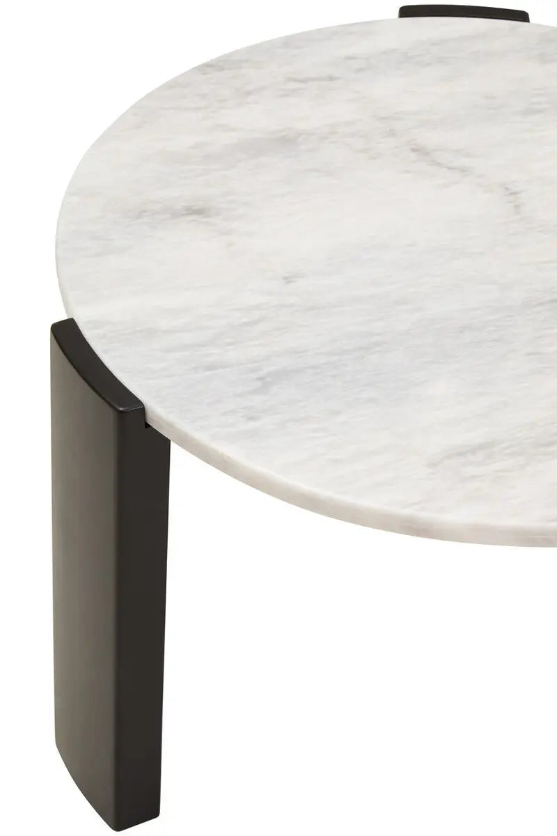 White Round Marble Top Small Coffee Table with Black Acacia Legs, Palermo