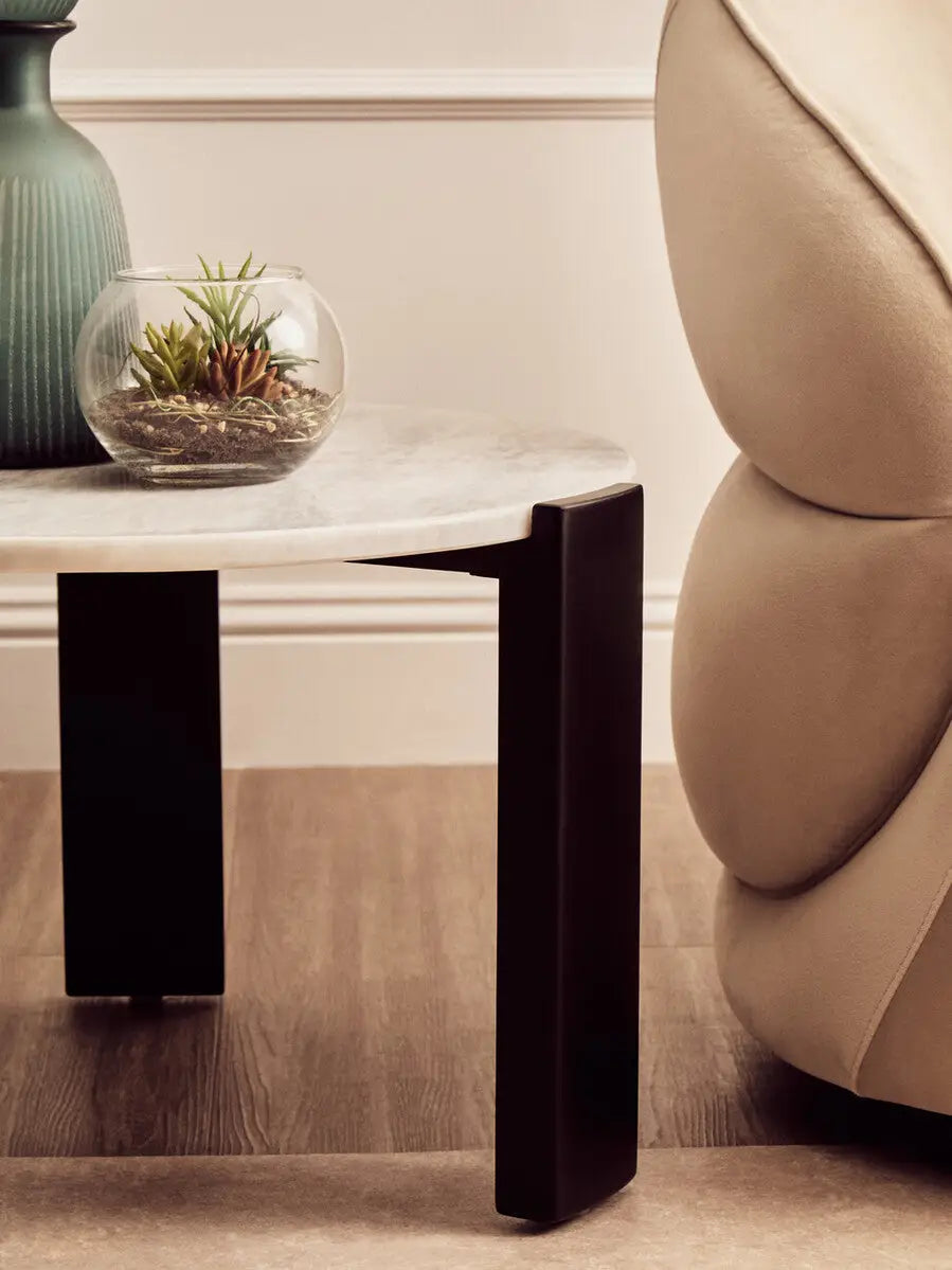 White Round Marble Top Small Coffee Table with Black Acacia Legs, Palermo