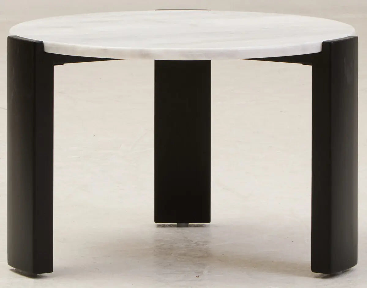 White Round Marble Top Small Coffee Table with Black Acacia Legs, Palermo