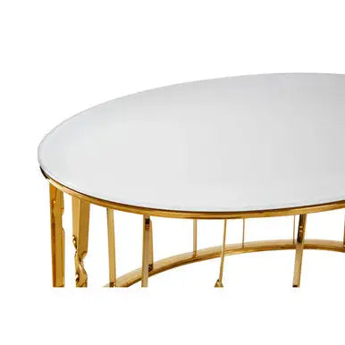White Tempered Glass Top Round Coffee Table with Gold Finish Stainless Steel Frame, Arezzo