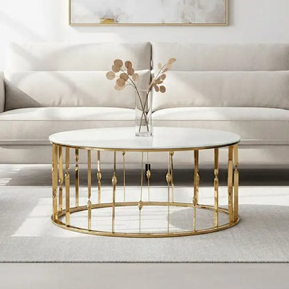 White Tempered Glass Top Round Coffee Table with Gold Finish Stainless Steel Frame, Arezzo