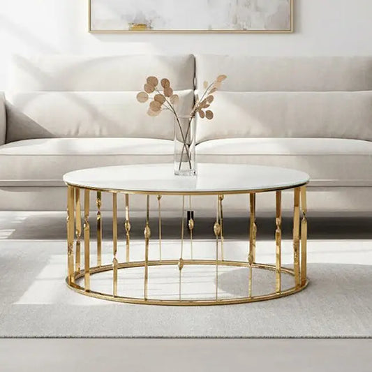 White Tempered Glass Top Round Coffee Table with Gold Finish Stainless Steel Frame, Arezzo