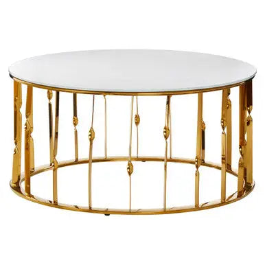 White Tempered Glass Top Round Coffee Table with Gold Finish Stainless Steel Frame, Arezzo