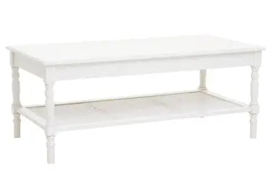 White Wooden Coffee Table with Cane Webbed Lower Shelf and Carved Spindle Legs, Heritage