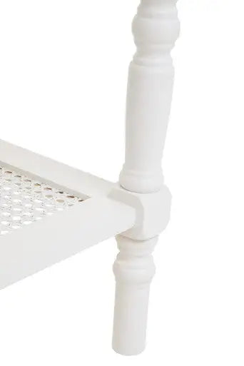 White Wooden Coffee Table with Cane Webbed Lower Shelf and Carved Spindle Legs, Heritage