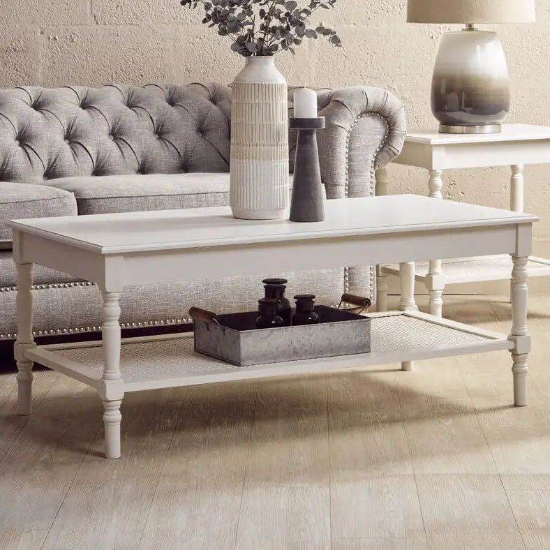 White Wooden Coffee Table with Cane Webbed Lower Shelf and Carved Spindle Legs, Heritage