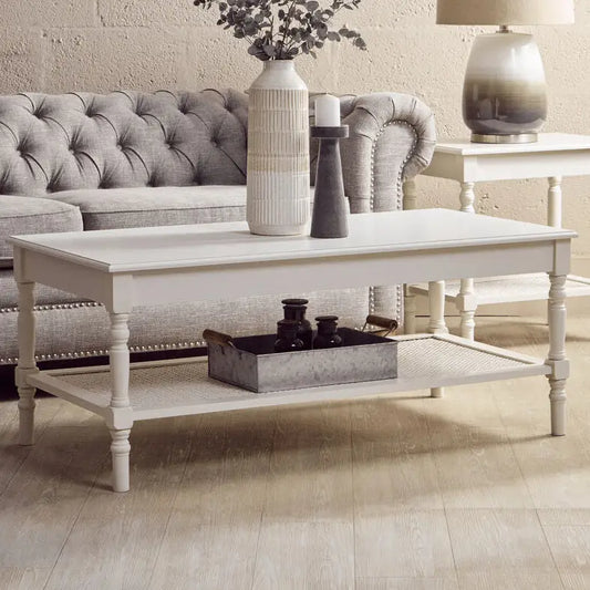 White Wooden Coffee Table with Cane Webbed Lower Shelf and Carved Spindle Legs, Heritage