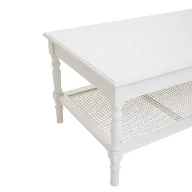 White Wooden Coffee Table with Cane Webbed Lower Shelf and Carved Spindle Legs, Heritage