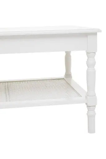 White Wooden Coffee Table with Cane Webbed Lower Shelf and Carved Spindle Legs, Heritage