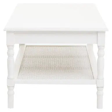 White Wooden Coffee Table with Cane Webbed Lower Shelf and Carved Spindle Legs, Heritage