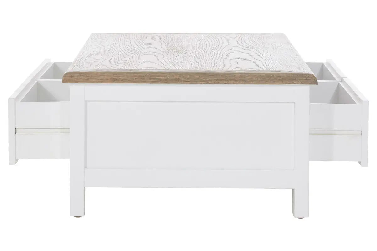 White Wooden Coffee Table with Natural Oak Top and 2 Storage Drawers, Hampstead