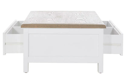 White Wooden Coffee Table with Natural Oak Top and 2 Storage Drawers, Hampstead