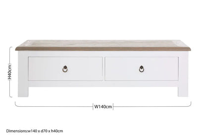 White Wooden Coffee Table with Natural Oak Top and 2 Storage Drawers, Hampstead