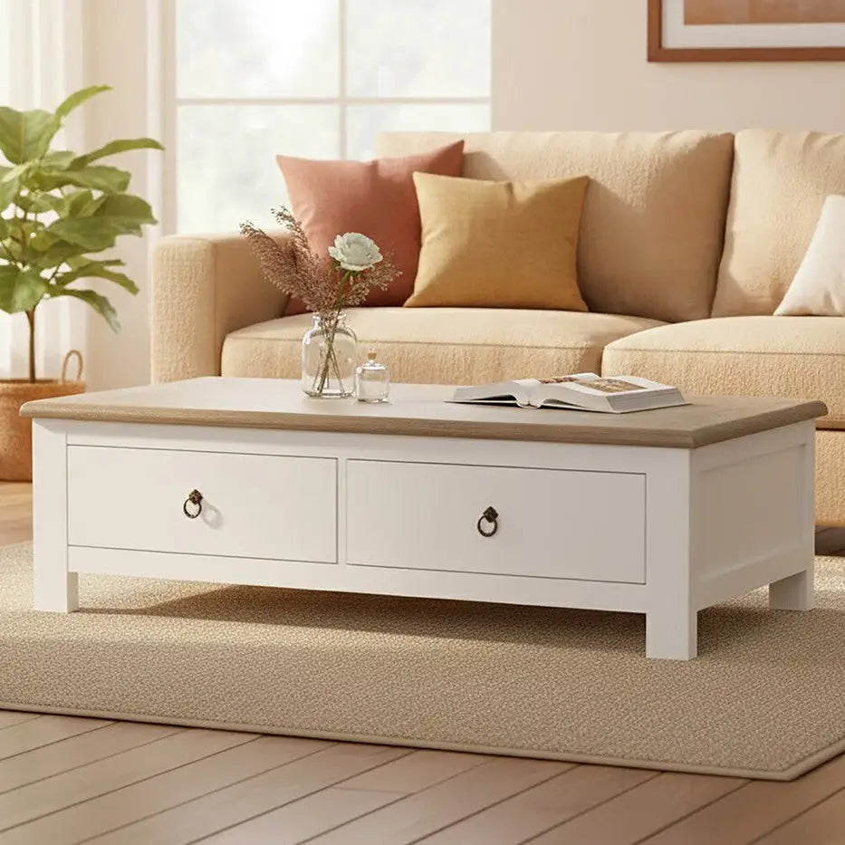 White Wooden Coffee Table with Natural Oak Top and 2 Storage Drawers | Hampstead