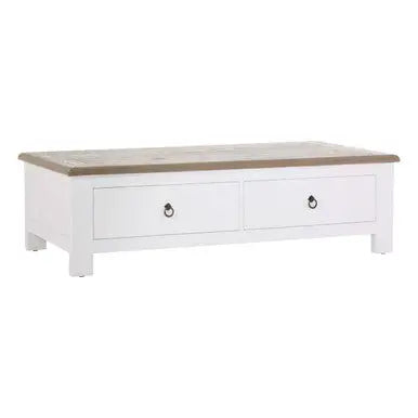 White Wooden Coffee Table with Natural Oak Top and 2 Storage Drawers, Hampstead