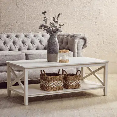 White Wooden Rectangular Coffee Table with Lower Shelf and X Frame Side Panels | Heritage