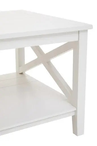 White Wooden Rectangular Coffee Table with Lower Shelf and X Frame Side Panels, Heritage