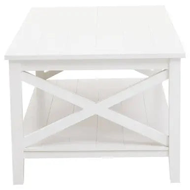 White Wooden Rectangular Coffee Table with Lower Shelf and X Frame Side Panels, Heritage