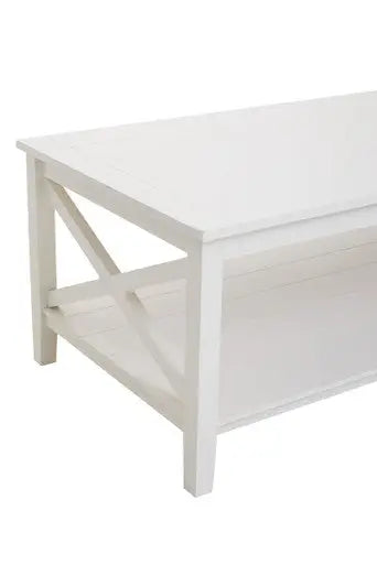 White Wooden Rectangular Coffee Table with Lower Shelf and X Frame Side Panels, Heritage