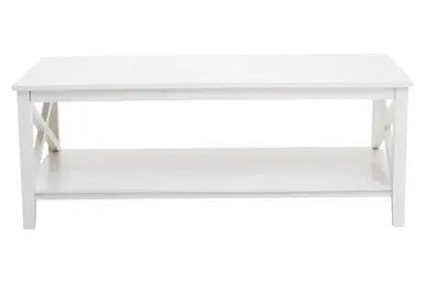White Wooden Rectangular Coffee Table with Lower Shelf and X Frame Side Panels, Heritage