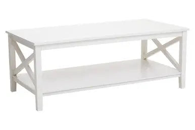 White Wooden Rectangular Coffee Table with Lower Shelf and X Frame Side Panels, Heritage