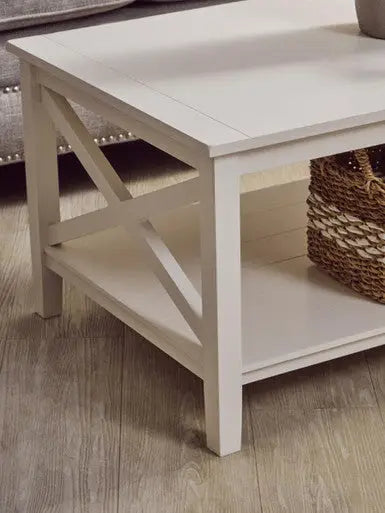 White Wooden Rectangular Coffee Table with Lower Shelf and X Frame Side Panels, Heritage