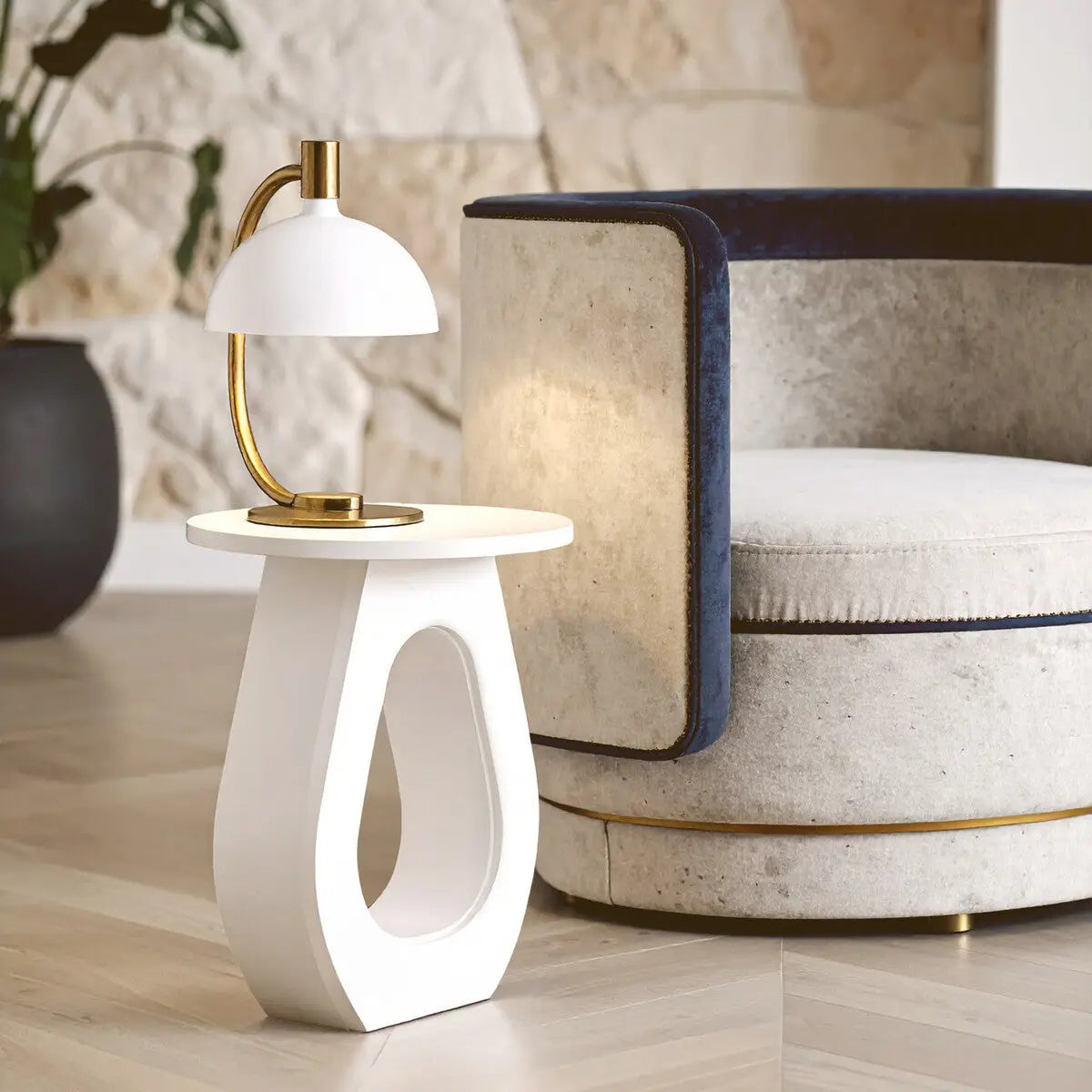 Whitewash Finish Mango Wood Accent Table with Horseshoe Cutout Base, Walsa