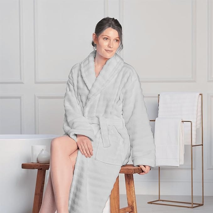 Women’s Hydro Ribbed Ultra Soft 100% Cotton Hooded Bath Robes with Pockets and Belt Luxury Terry Towelling Loungewear