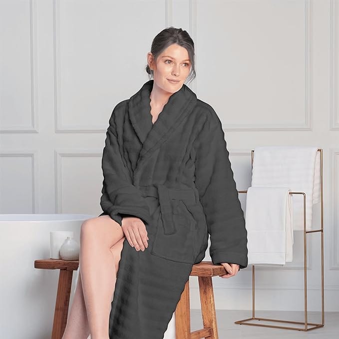Women’s Hydro Ribbed Ultra Soft 100% Cotton Hooded Bath Robes with Pockets and Belt Luxury Terry Towelling Loungewear