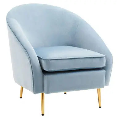 Yasmeen Aqua Blue Velvet Tub Armchair with Gold Finish Metal Legs